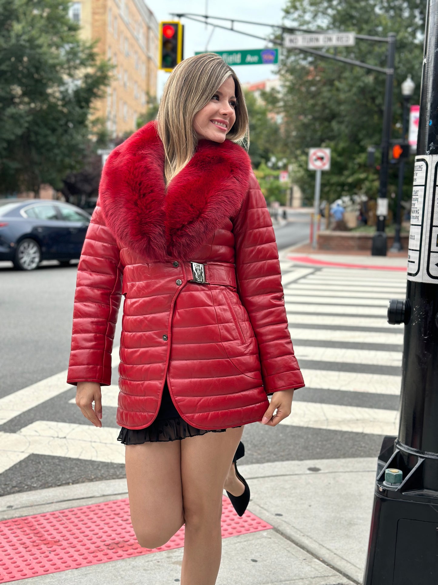 Bella - Lambskin Leather Jacket With Fox Collar