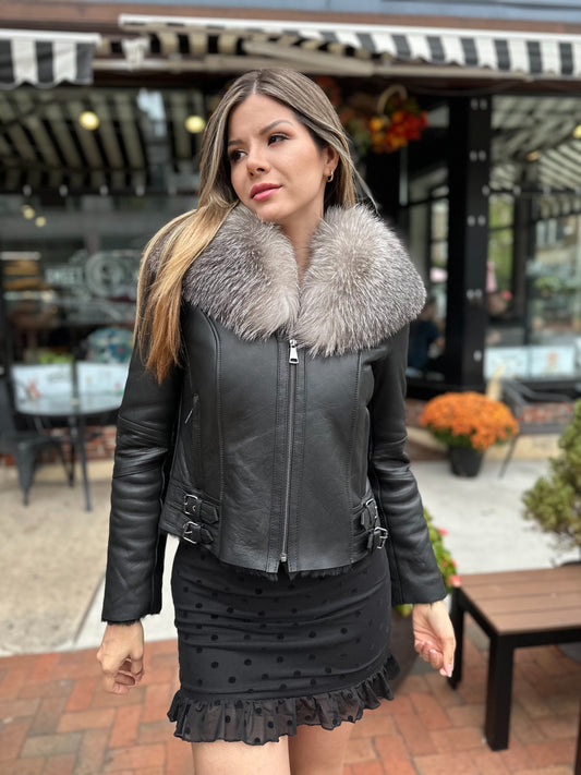 Linda - Sheepskin Shearling Coat With Fox Collar