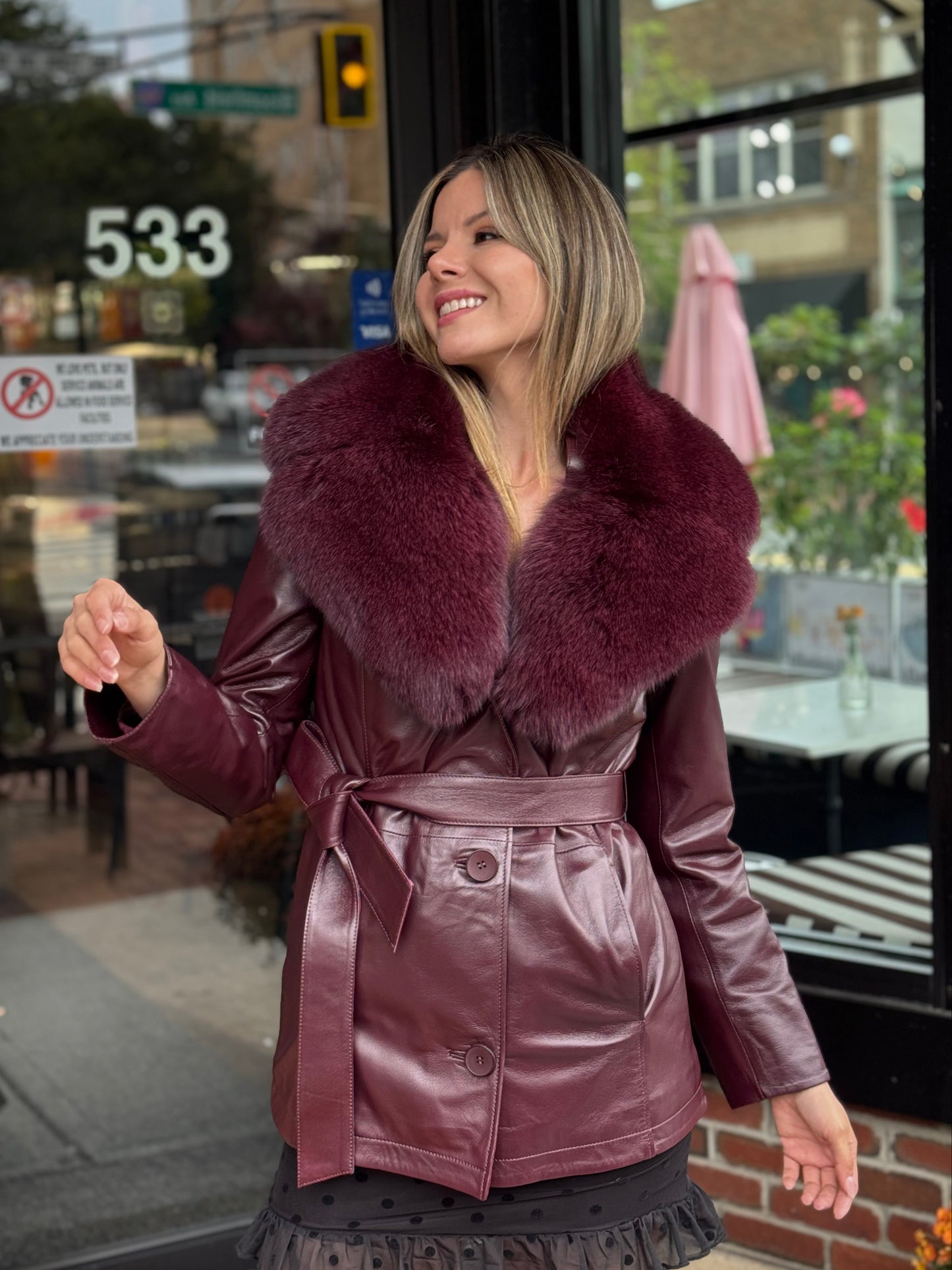 Elsa - Lambskin Leather Jacket With Fox Collar