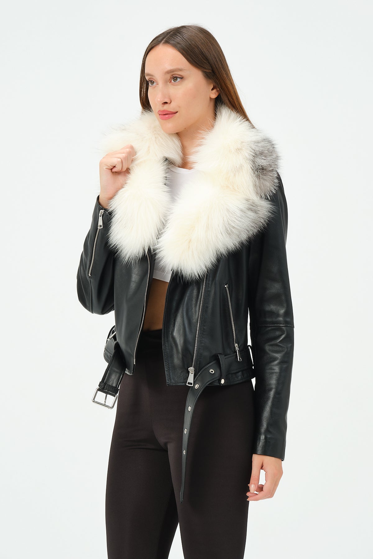 Elita - Lambskin Leather Jacket With Fox Collar