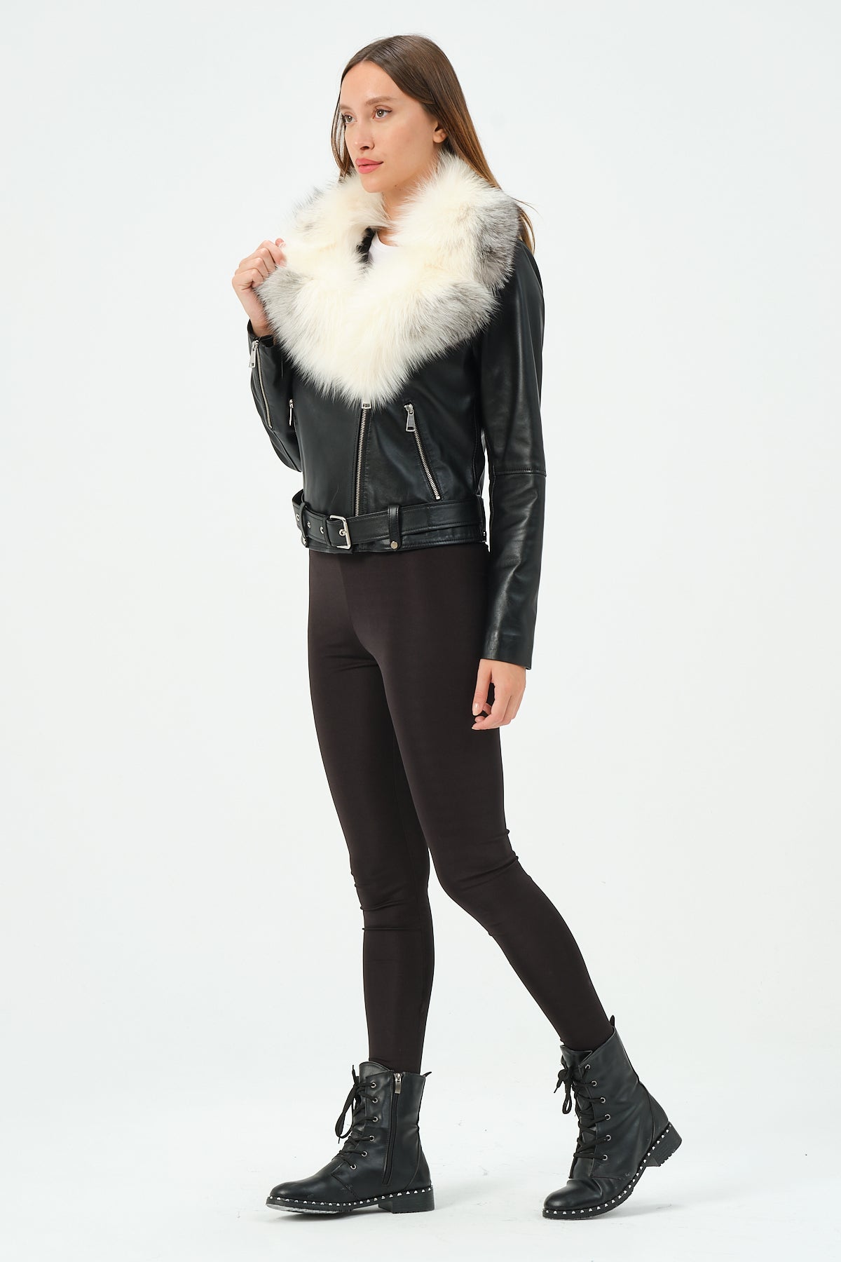 Elita - Lambskin Leather Jacket With Fox Collar