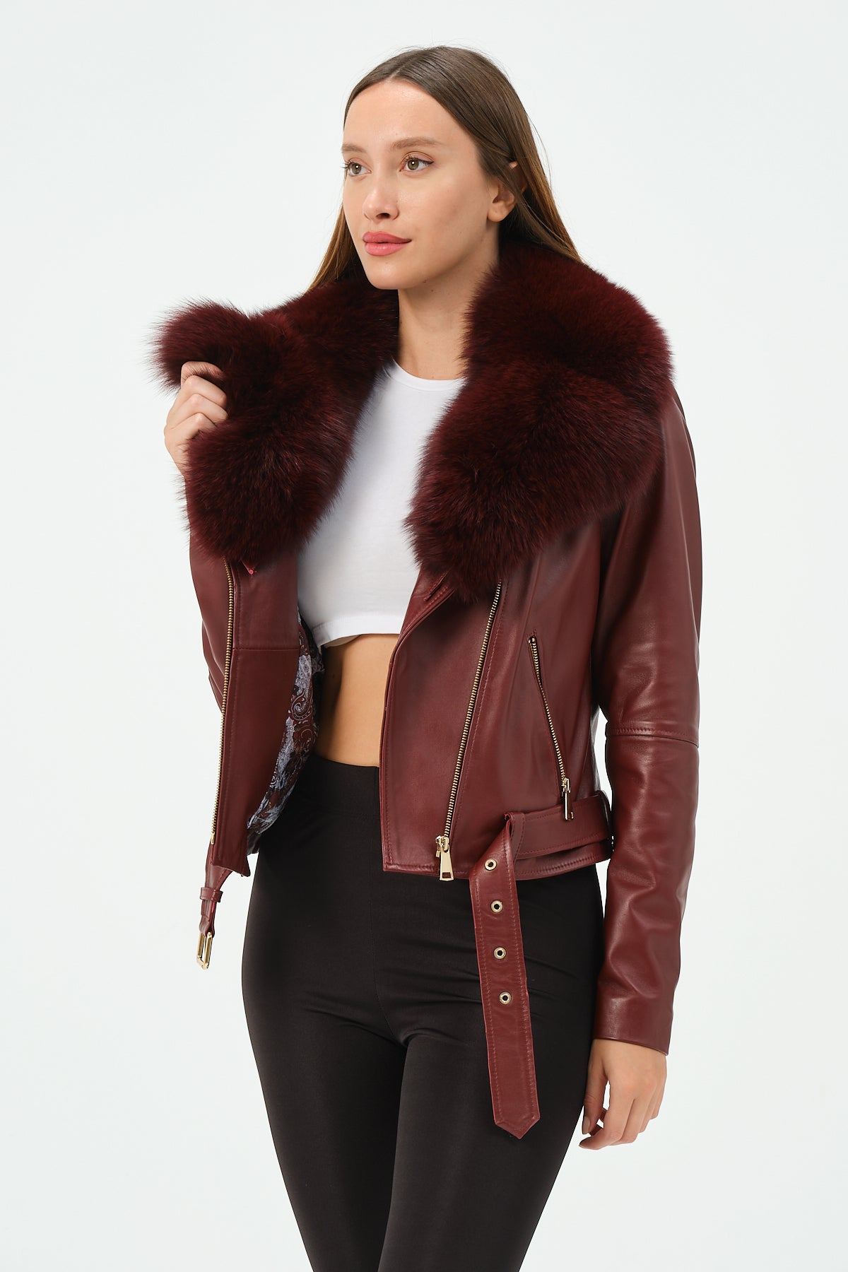 Elita - Lambskin Leather Jacket With Fox Collar