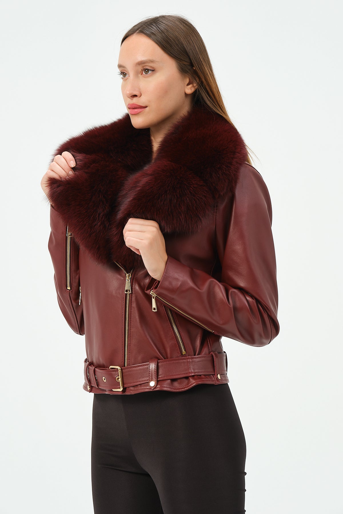 Elita - Lambskin Leather Jacket With Fox Collar