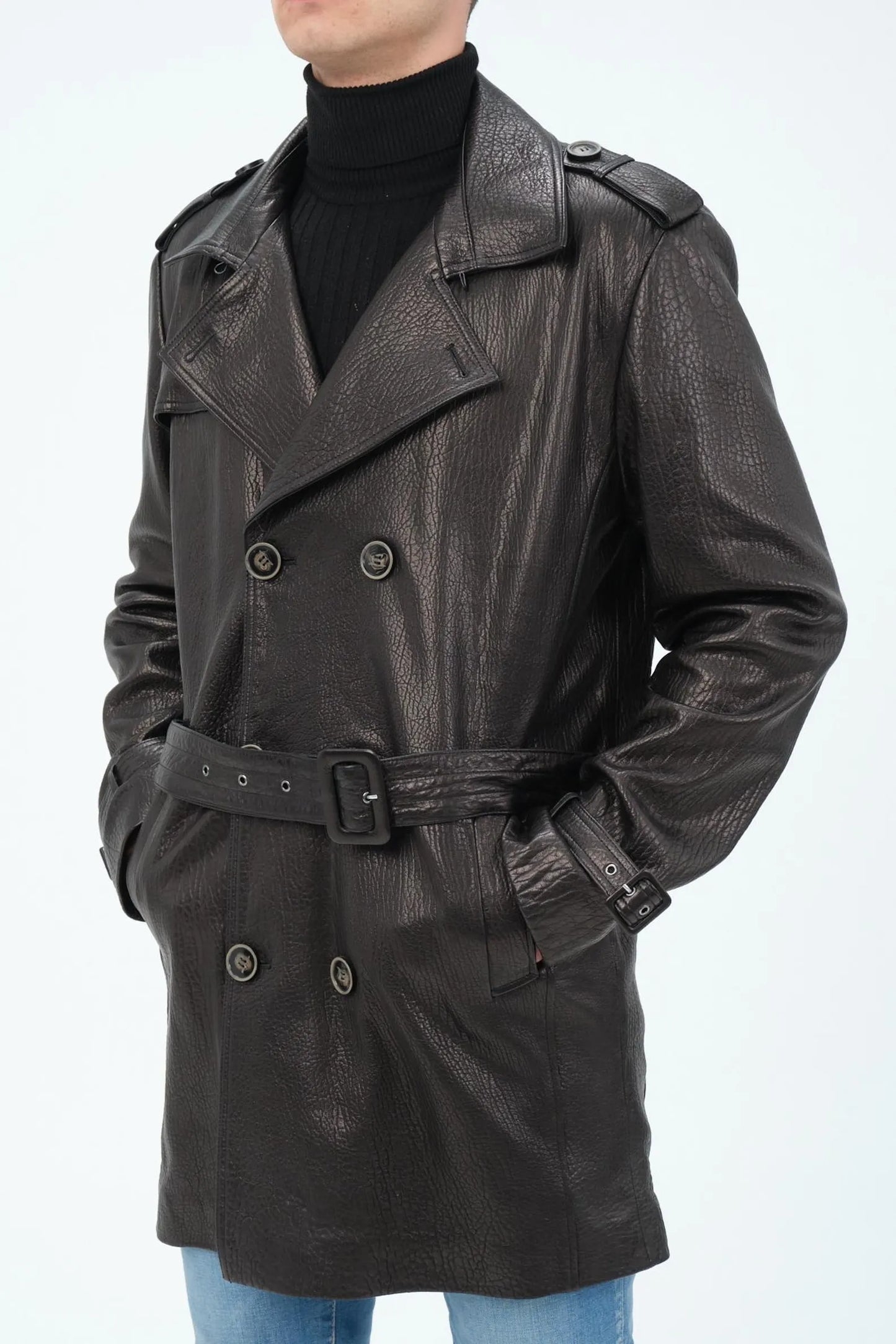 David Men's Leather Trench Coat