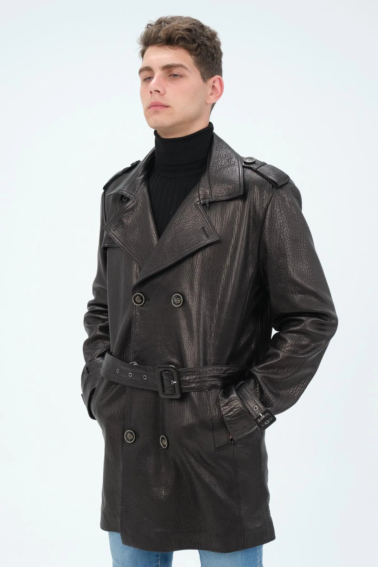 David Men's Leather Trench Coat