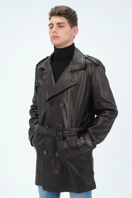 David Men's Leather Trench Coat