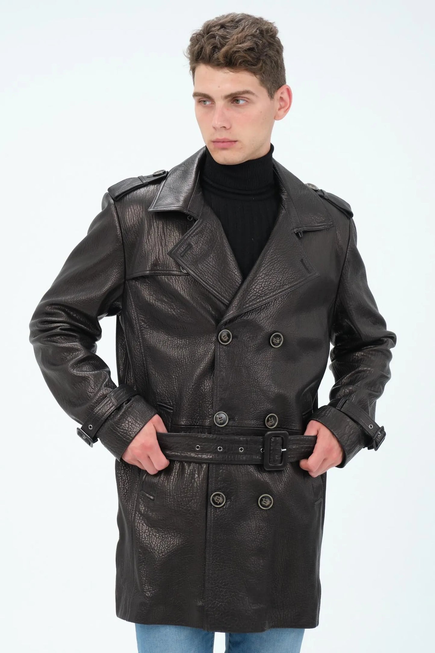 David Men's Leather Trench Coat