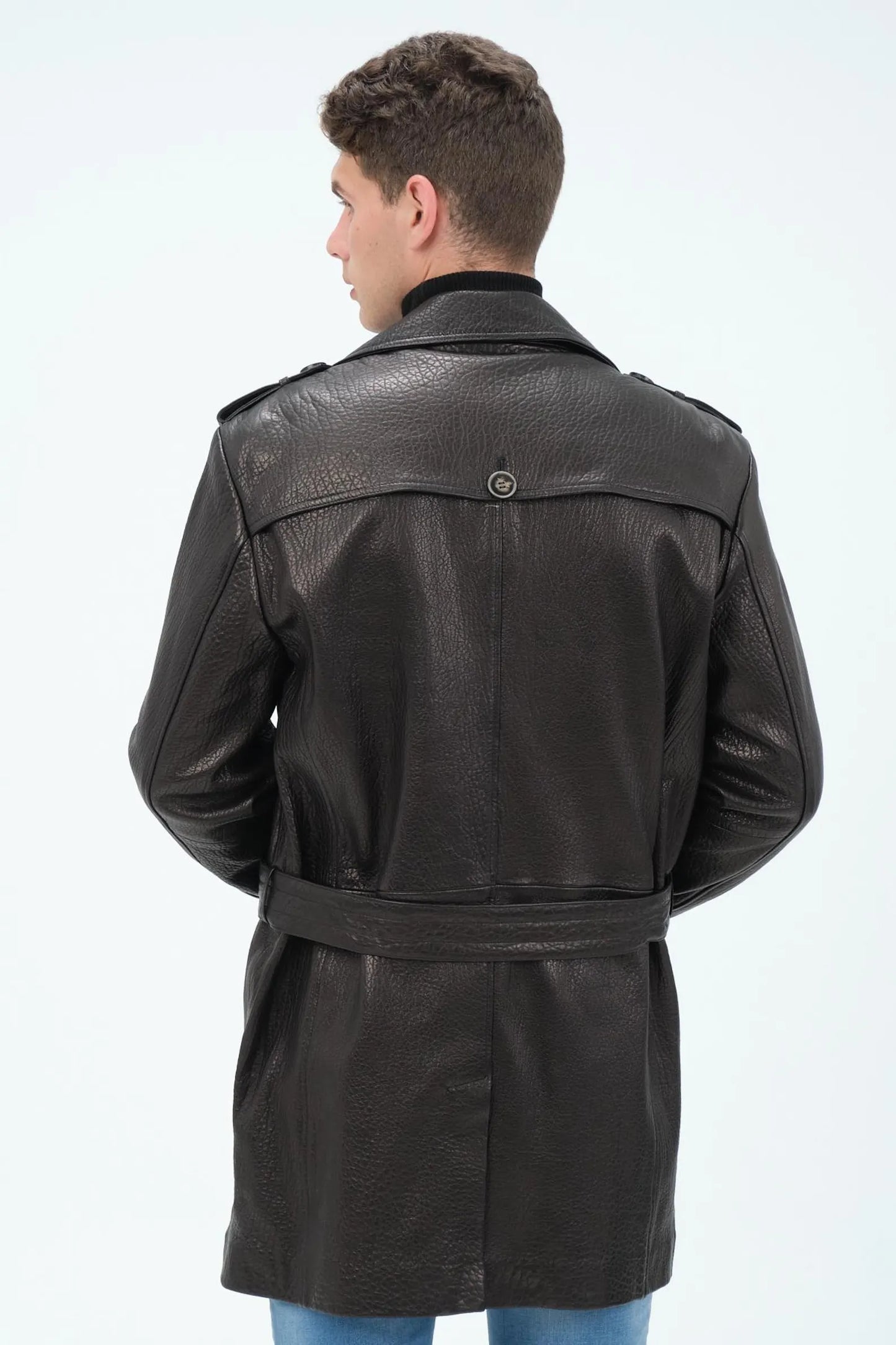 David Men's Leather Trench Coat